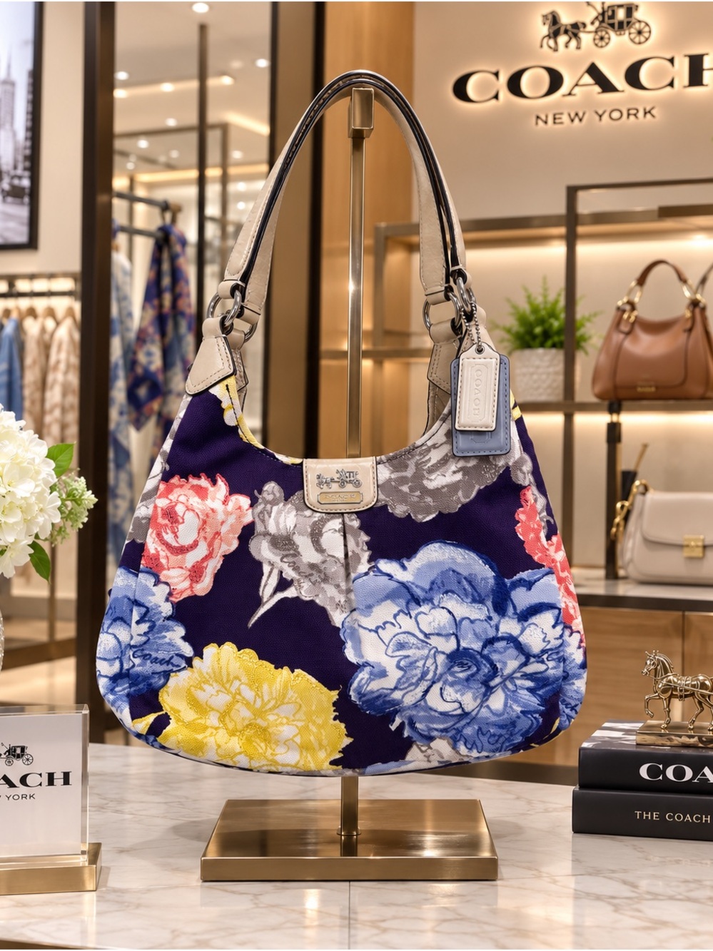 Coach Madison Maggie Floral Shoulder Hobo Bag with Multicolor Blooms  NWOT